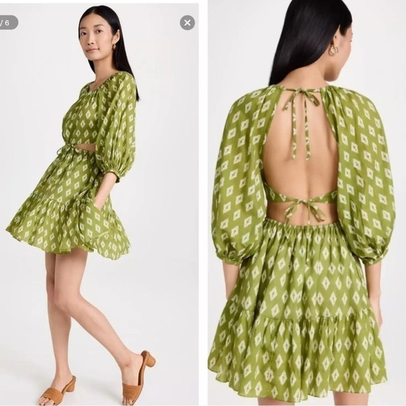 Charina Sarte Mini Cocktail Dress Printed Green Backless Pouf Sleeve Garden Sz M - Picture 3 of 8